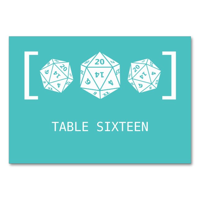 Teal D20 Dice Gamer Wedding Table Card (Front)