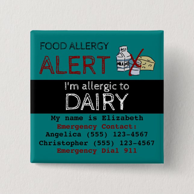 Teal Dairy Food Allergy Alert Label Button (Front)