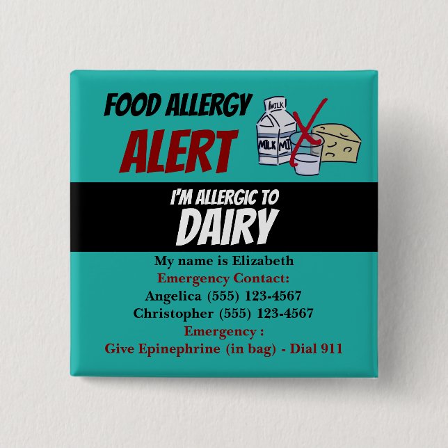 Teal Dairy Food Allergy Alert Warning Button (Front)