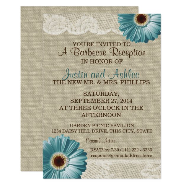 Teal Daisy And Burlap BBQ Wedding Reception Card