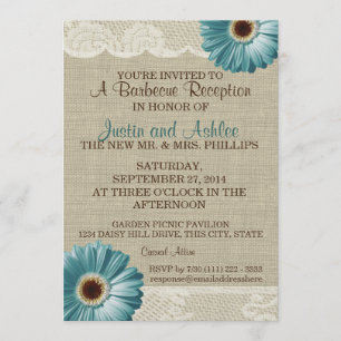 Teal Daisy and Burlap BBQ Wedding Reception Invitation