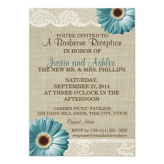 Teal Daisy And Burlap Bbq Wedding Reception Invitation Zazzle Com