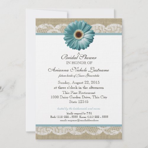 Teal Daisy and White Lace Bridal Shower Personalized Announcement