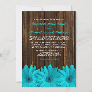 Teal Daisy Barn Wood Wedding Invitations