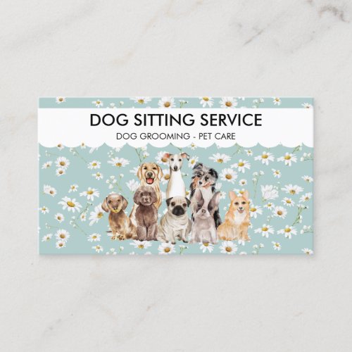 Teal Daisy Flowers Watercolor Dogs Business Card