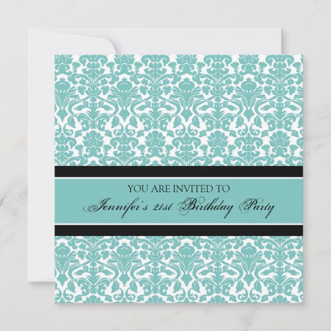 Teal Damask 21st Birthday Party Invitations (Front)