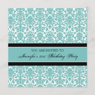 Teal Damask 21st Birthday Party Invitations