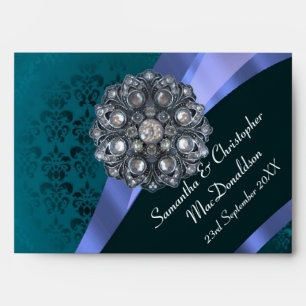 Teal damask and crystal rhinestone envelope