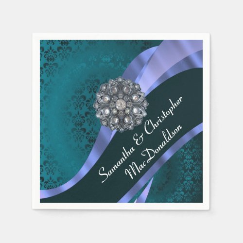 Teal damask and crystal rhinestone napkins