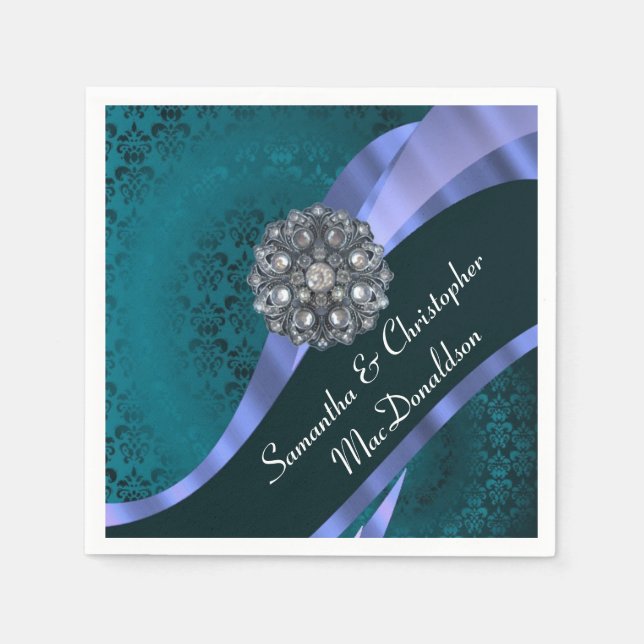 Teal damask and crystal rhinestone napkins (Front)