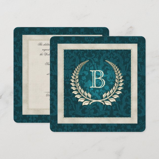 Teal damask and Pearls wedding vow renewal Invitation (Front/Back)