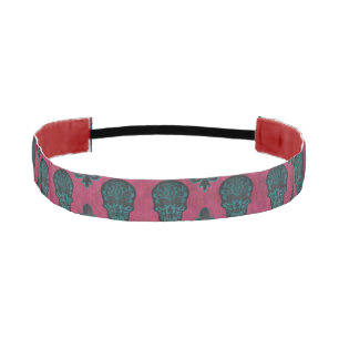 Teal Damask And Skulls On Textured Hot Pink Athletic Headband