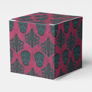 Teal Damask And Skulls On Textured Hot Pink Favor Boxes
