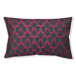 Teal Damask And Skulls On Textured Hot Pink Pet Bed