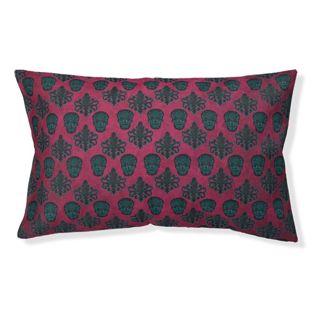 Teal Damask And Skulls On Textured Hot Pink Pet Bed (Front)