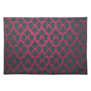 Teal Damask And Skulls On Textured Hot Pink Placemat