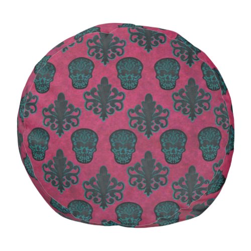 Teal Damask And Skulls On Textured Hot Pink Pouf