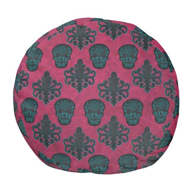 Teal Damask And Skulls On Textured Hot Pink Pouf (Top)