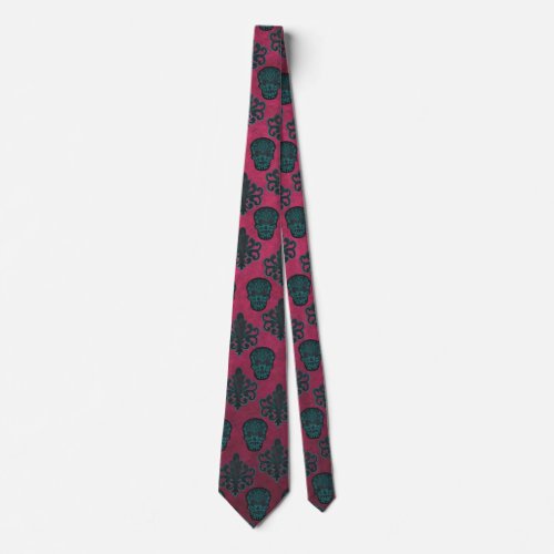 Teal Damask And Skulls On Textured Hot Pink Tie