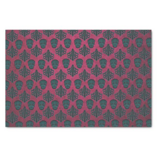Teal Damask And Skulls On Textured Hot Pink Tissue Paper