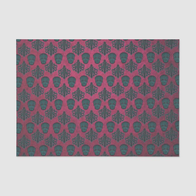 Teal Damask And Skulls On Textured Hot Pink Tissue Paper (Front)