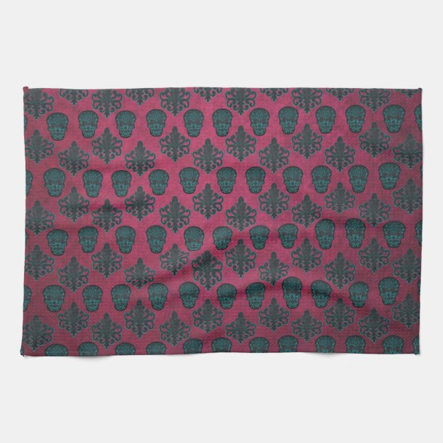 Teal Damask And Skulls On Textured Hot Pink Towel (Horizontal)