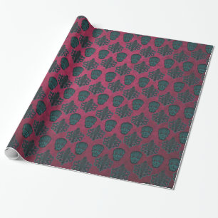 Teal Damask And Skulls On Textured Hot Pink Wrapping Paper
