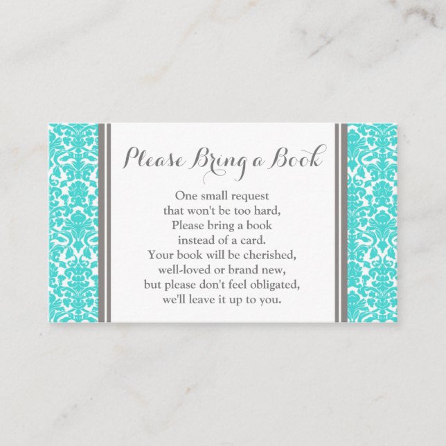 Teal Damask Baby Shower Book Request Card (Front)