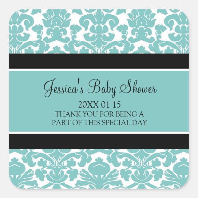 Teal Damask Baby Shower Favor Stickers (Front)