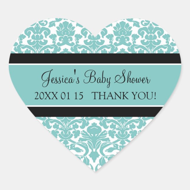 Teal Damask Baby Shower Favor Stickers (Front)