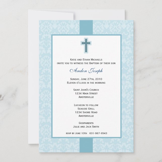 Teal Damask Baptismal Invitation. Invitation (Front)