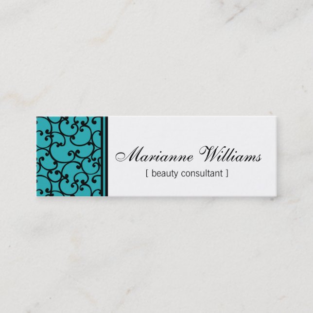 Teal Damask Beauty Micro Mini Business Cards (Front)