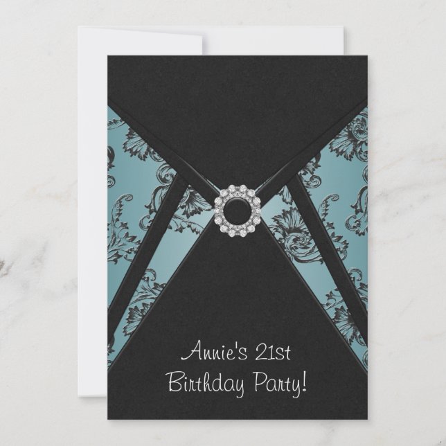 Teal Damask Black 21st Birthday Party Invitation (Front)