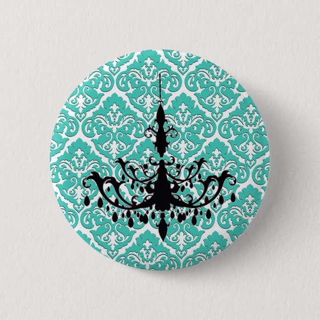 Teal Damask Black Chandelier Pinback Button (Front)