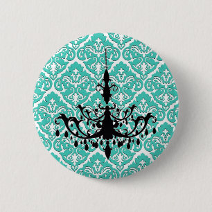 Teal Damask Black Chandelier Pinback Button