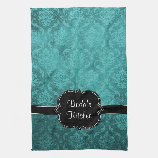 Teal Damask Black Personalized Kitchen Towel