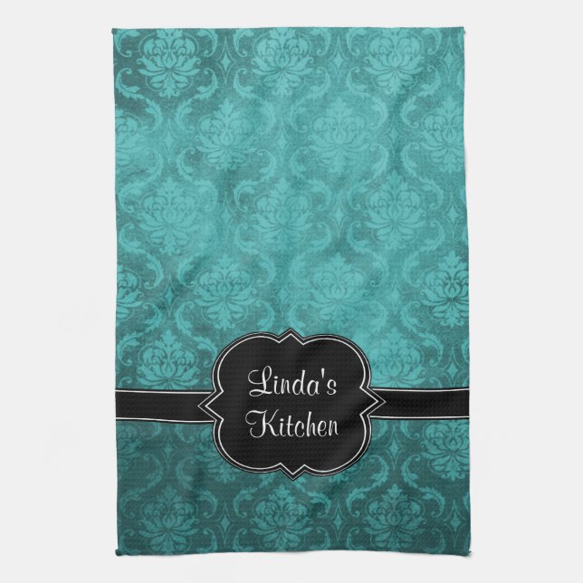 Teal Damask Black Personalized Kitchen Towel (Vertical)