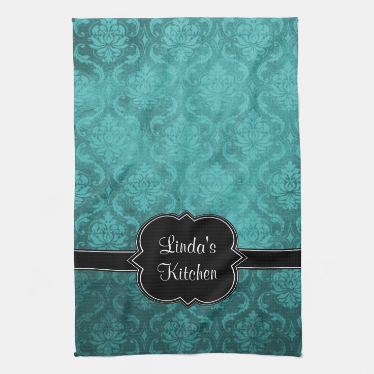 Teal Damask Black Personalized Kitchen Towel Zazzle