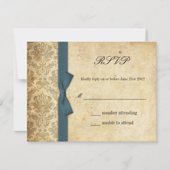 Teal Damask Bow Wedding RSVP (Front)