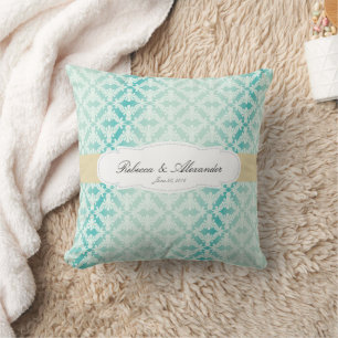 Teal Damask Bride & Groom Throw Pillow