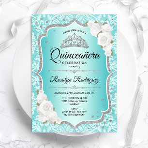 Teal Damask Elegant Floral Quinceanera Invitation
