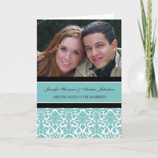 Teal Damask Engagement Photo Announcement Card (Front)
