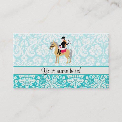 Customizable Teal Damask Equestrian Business Cards
