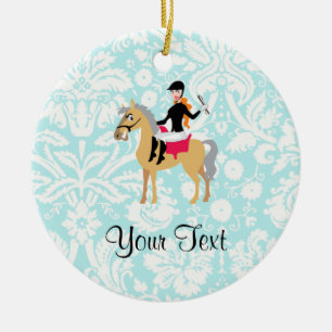 Teal Damask Equestrian Ceramic Ornament