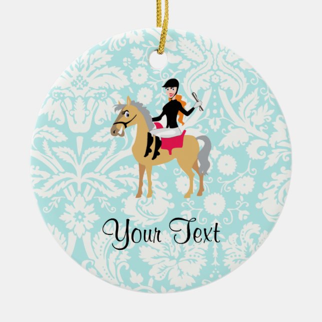 Teal Damask Equestrian Ceramic Ornament (Front)