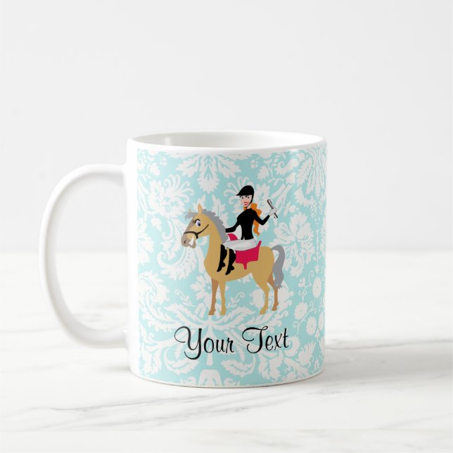 Teal Damask Equestrian Coffee Mug (Left)