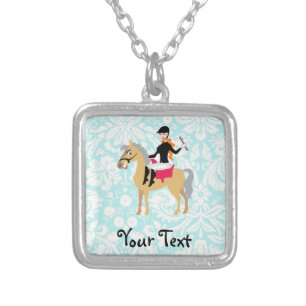 Teal Damask Equestrian Silver Plated Necklace