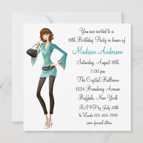 Teal Damask Girls 18th Birthday Party Invitation