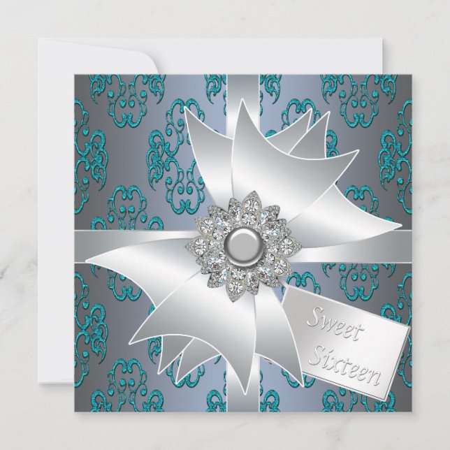 Teal Damask Glitter Gift Sweet Sixteen Invitation (Front)