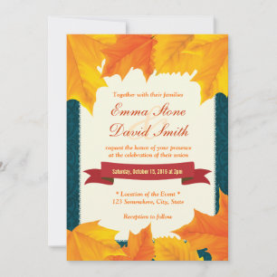 Teal Damask Golden Leaves Fall Wedding Invitations